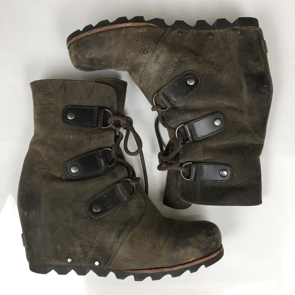 Sorel Joan of Arctic Wedge II Leather Boots Ankle Booties Brown Women’s Size 8
